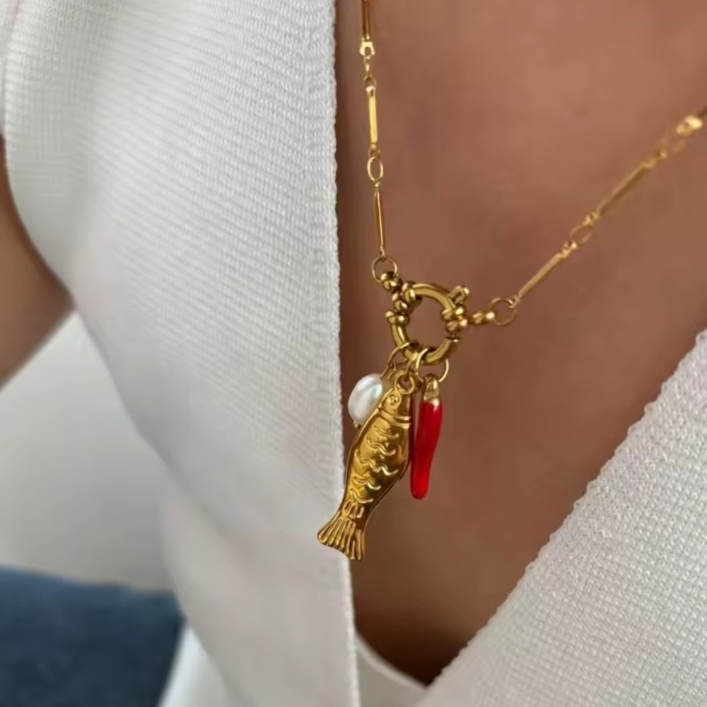 Fish Chili Pearl Charm Necklace | Anthropologie NWOT